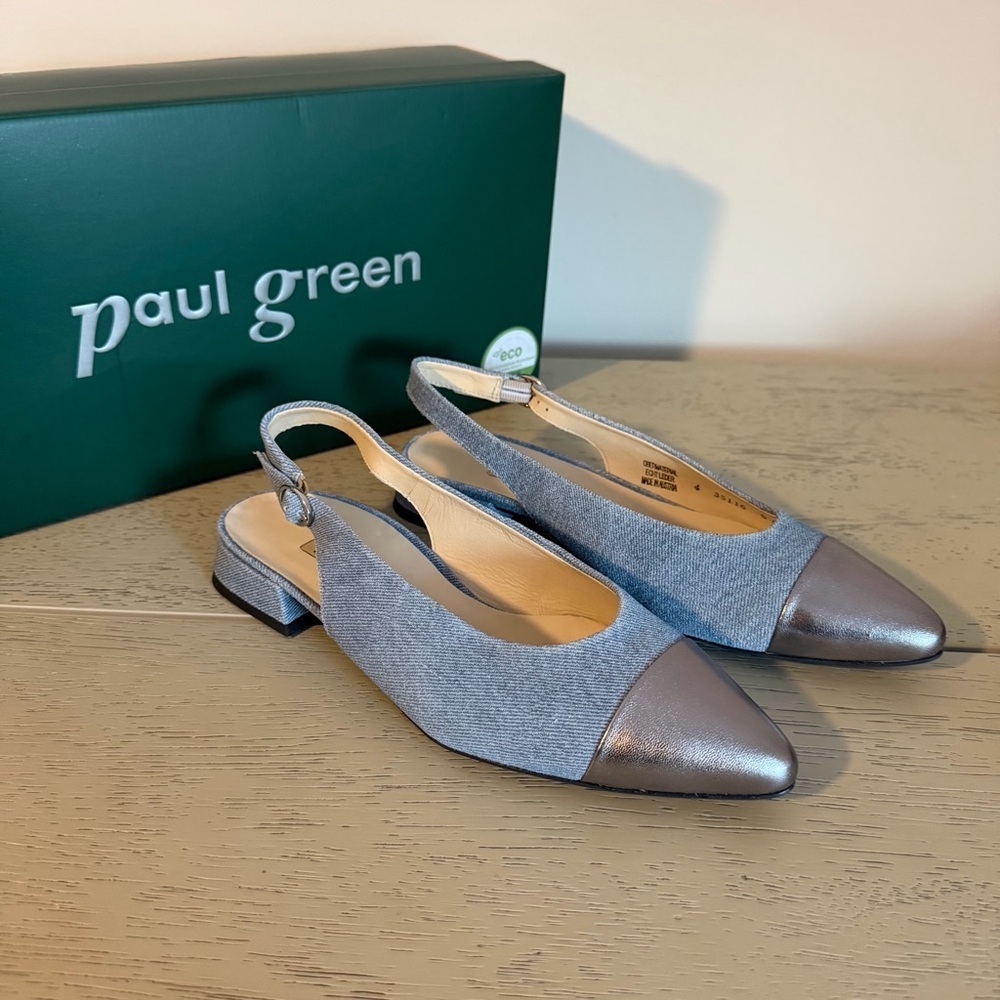 $389 NWT Paul Green 6.5 Ynez Clay Denim Jeans Combo Slingback Flats Pointed Toe